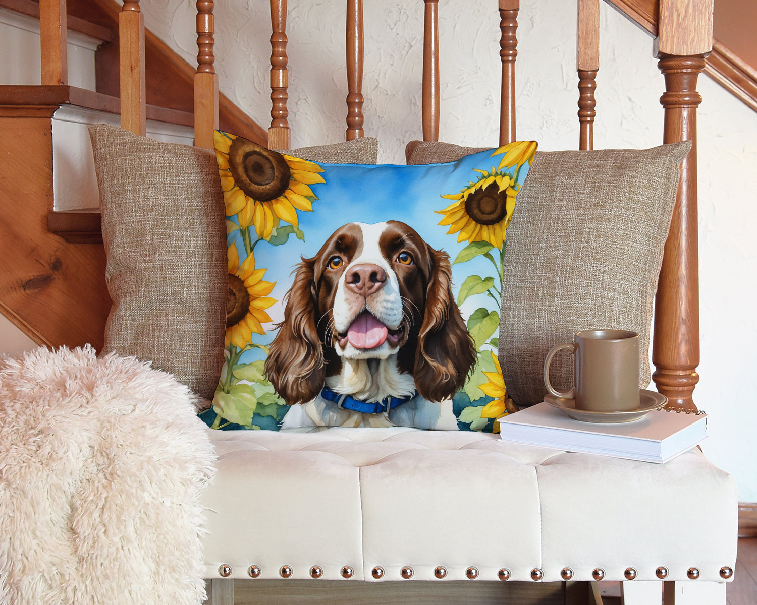 English Springer Spaniel in Sunflowers Decorative Throw Pillow 14x14 Indoor Outdoor Accent Cushion, Fabric Cover with Insert for Sofa, Bed, Porch & Living Room