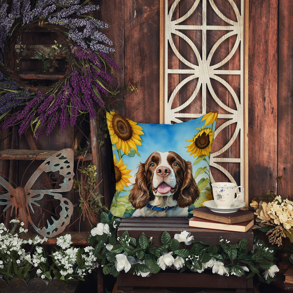 English Springer Spaniel in Sunflowers Decorative Throw Pillow 14x14 Indoor Outdoor Accent Cushion, Fabric Cover with Insert for Sofa, Bed, Porch & Living Room