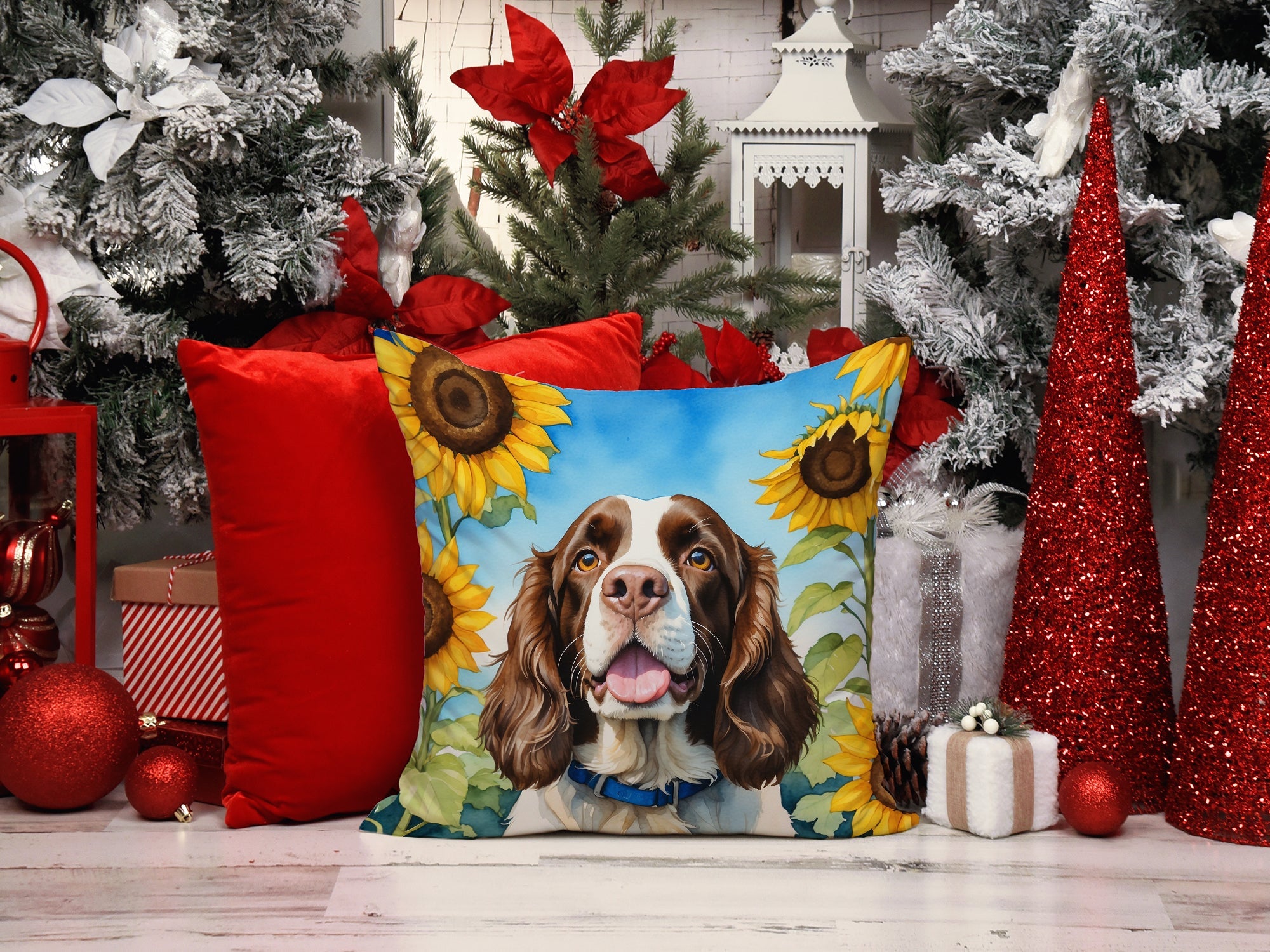 English Springer Spaniel in Sunflowers Decorative Throw Pillow 14x14 Indoor Outdoor Accent Cushion, Fabric Cover with Insert for Sofa, Bed, Porch & Living Room
