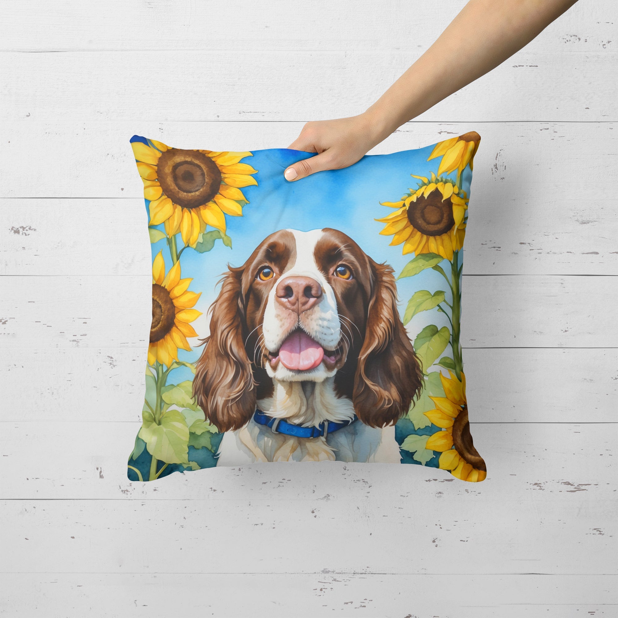 English Springer Spaniel in Sunflowers Decorative Throw Pillow 18x18 Indoor Outdoor Accent Cushion, Fabric Cover with Insert for Sofa, Bed, Porch & Living Room