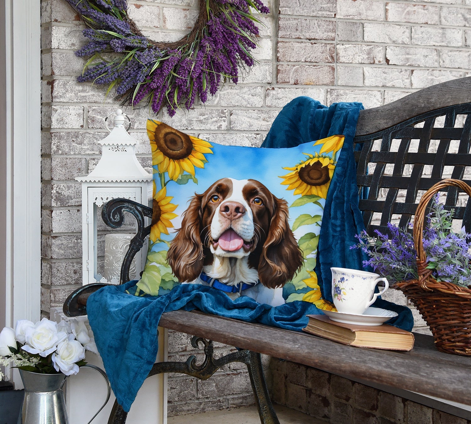 English Springer Spaniel in Sunflowers Decorative Throw Pillow 18x18 Indoor Outdoor Accent Cushion, Fabric Cover with Insert for Sofa, Bed, Porch & Living Room