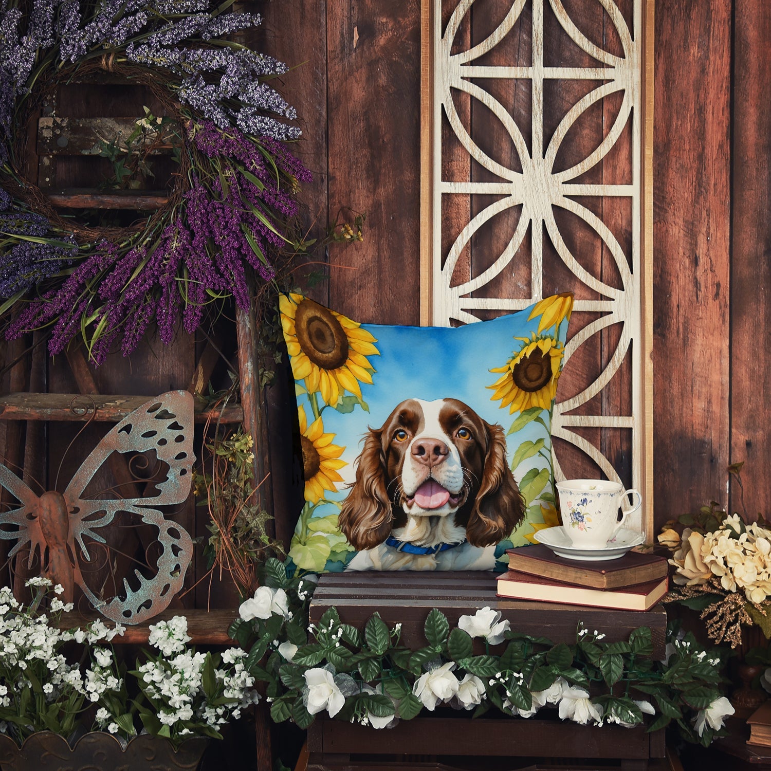 English Springer Spaniel in Sunflowers Decorative Throw Pillow 18x18 Indoor Outdoor Accent Cushion, Fabric Cover with Insert for Sofa, Bed, Porch & Living Room
