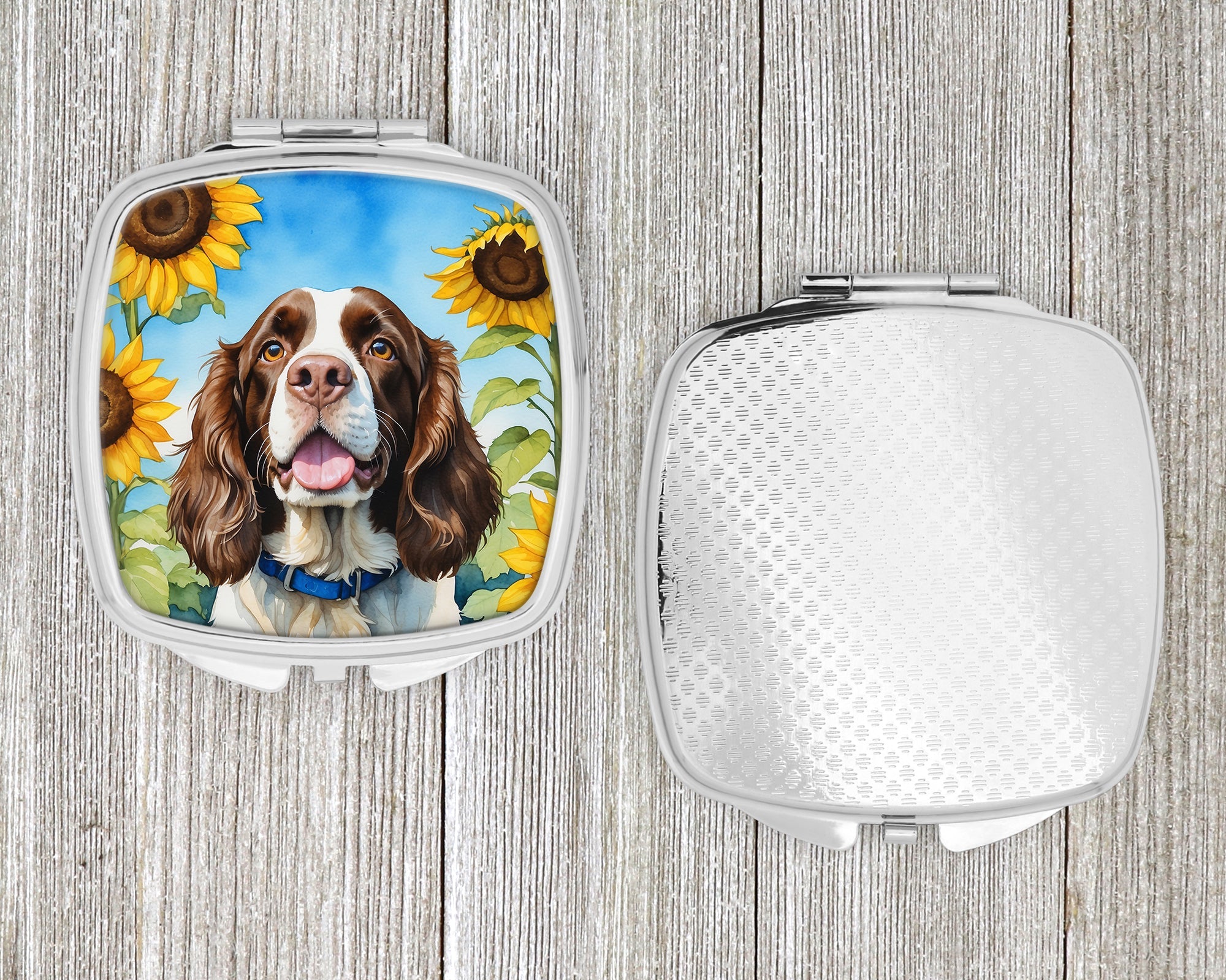 English Springer Spaniel in Sunflowers Compact Mirror Decorative Travel Makeup Mirror for Women Girls Gifts Pocket Makeup Mirror Folding Handheld