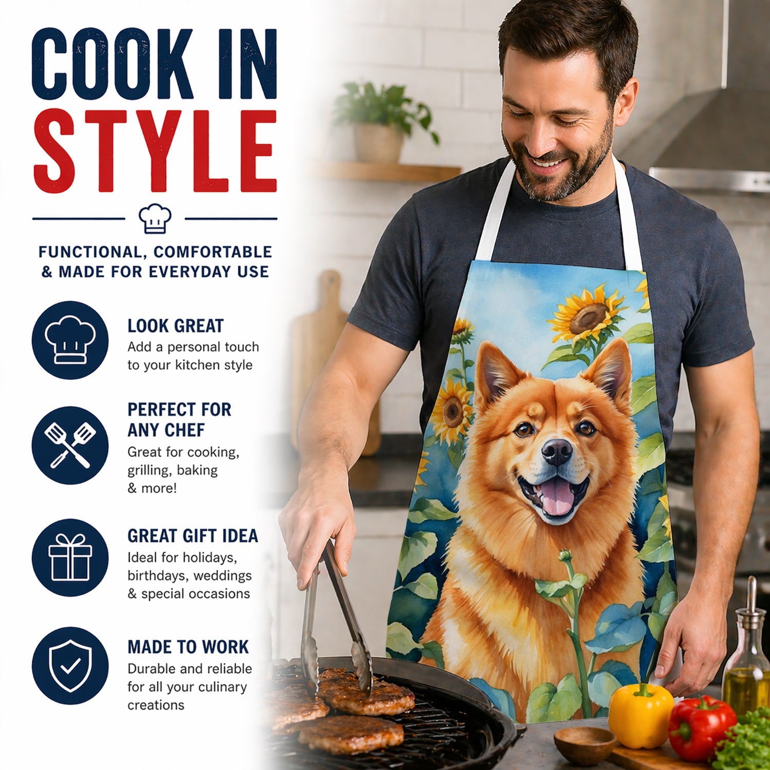 Finnish Spitz in Sunflowers Apron Cooking Kitchen Server Baking Crafts Gardening for Adult Women Men, Unisex, Large, Multicolor
