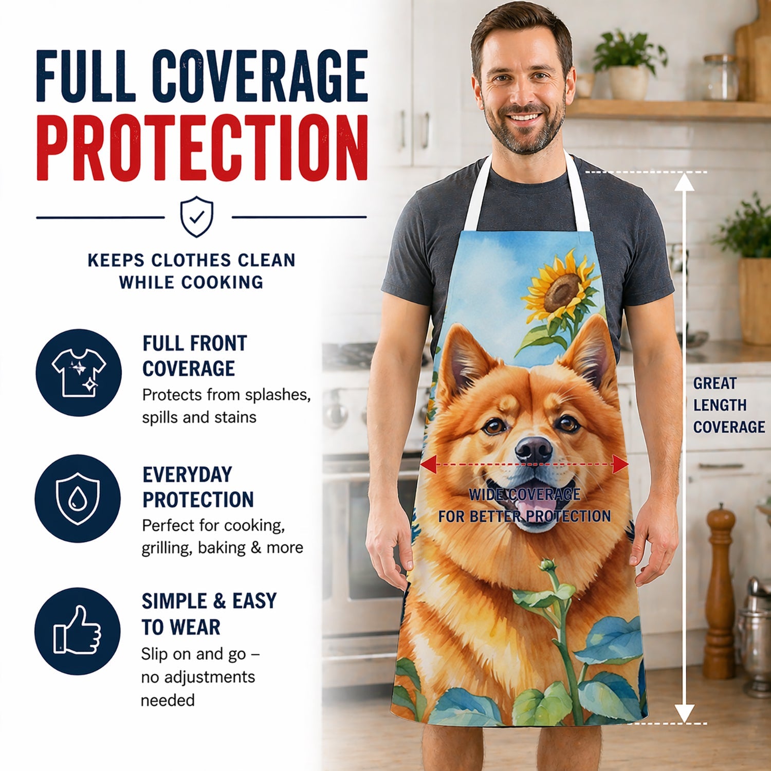 Finnish Spitz in Sunflowers Apron Cooking Kitchen Server Baking Crafts Gardening for Adult Women Men, Unisex, Large, Multicolor