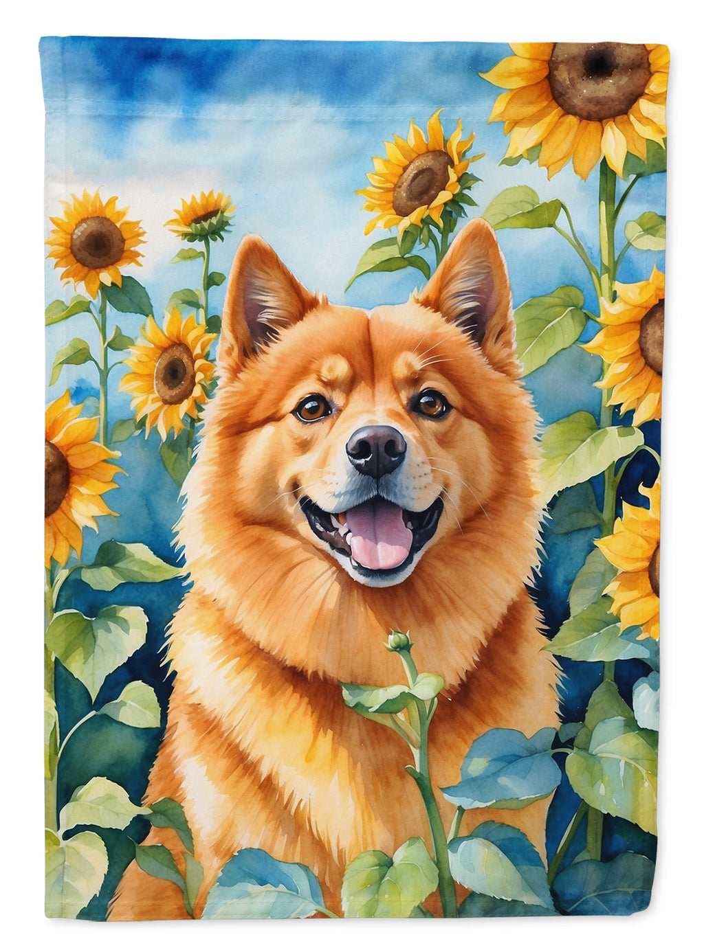Finnish Spitz in Sunflowers House Flag 28x40 Porch Sleeve Pole Decorative Outside Yard Banner Artwork Wall Hanging, Polyester