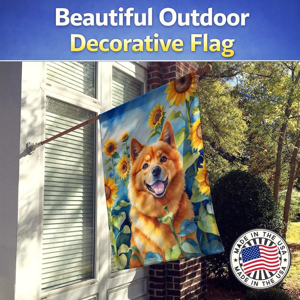 Finnish Spitz in Sunflowers House Flag 28x40 Porch Sleeve Pole Decorative Outside Yard Banner Artwork Wall Hanging, Polyester