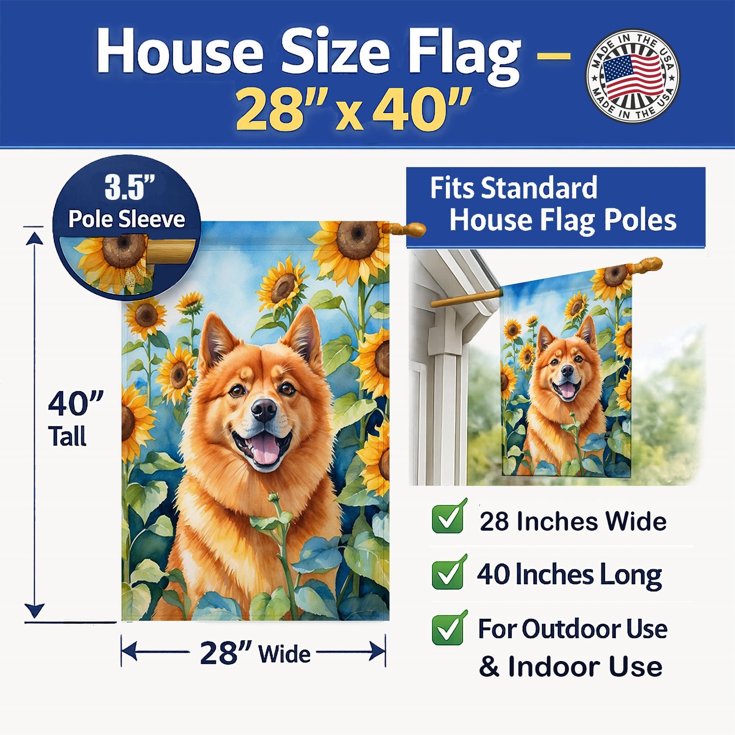 Finnish Spitz in Sunflowers House Flag 28x40 Porch Sleeve Pole Decorative Outside Yard Banner Artwork Wall Hanging, Polyester