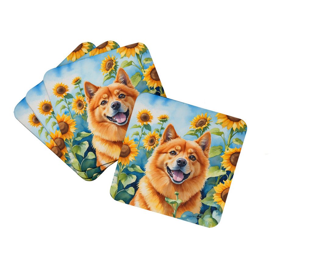 Finnish Spitz in Sunflowers Foam Coasters Set of 4 Cup Coasters for Indoor Outdoor, Tabletop Protection, Anti Slip, Mouse pad Material