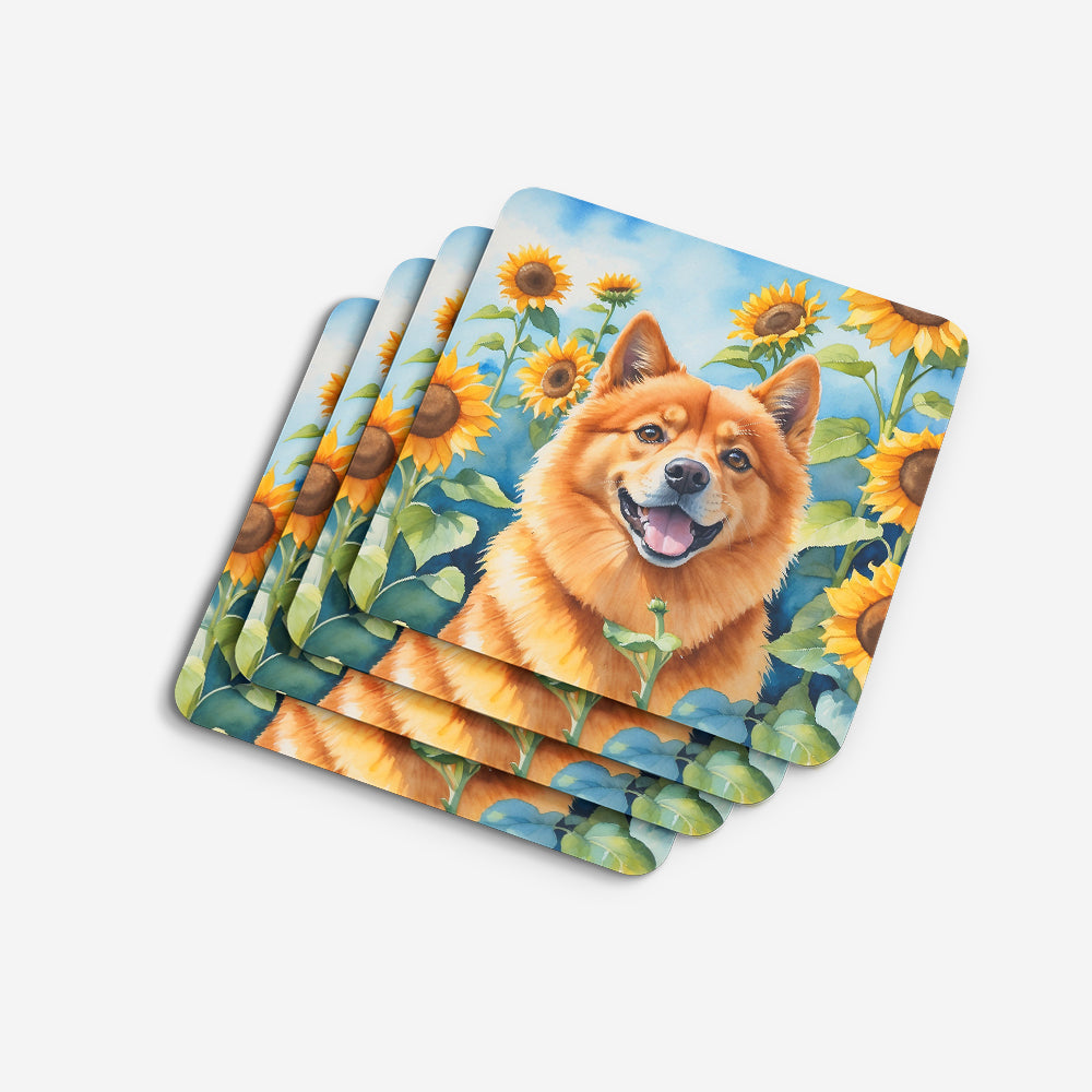 Finnish Spitz in Sunflowers Foam Coasters Set of 4 Cup Coasters for Indoor Outdoor, Tabletop Protection, Anti Slip, Mouse pad Material