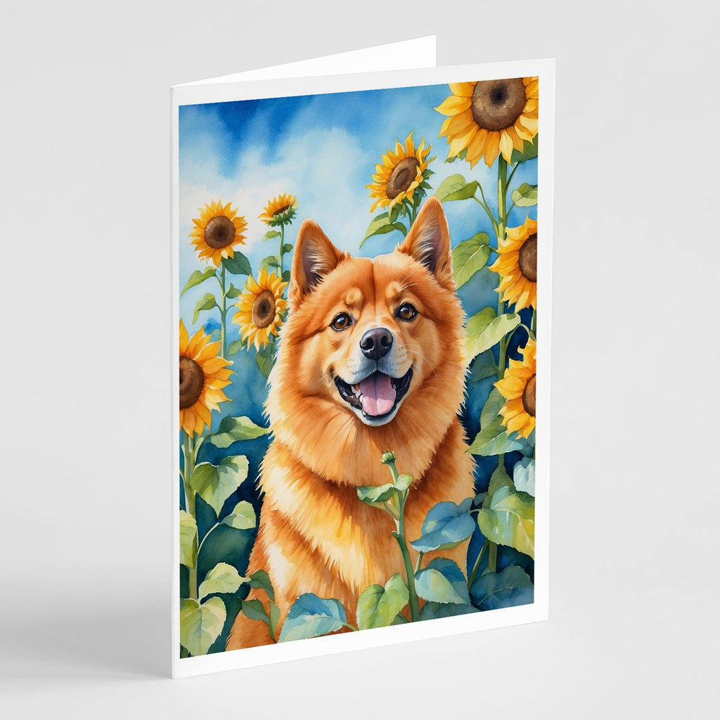Finnish Spitz in Sunflowers Greeting Cards Pack of 8 Blank Cards with Envelopes Whimsical A7 Size 5x7