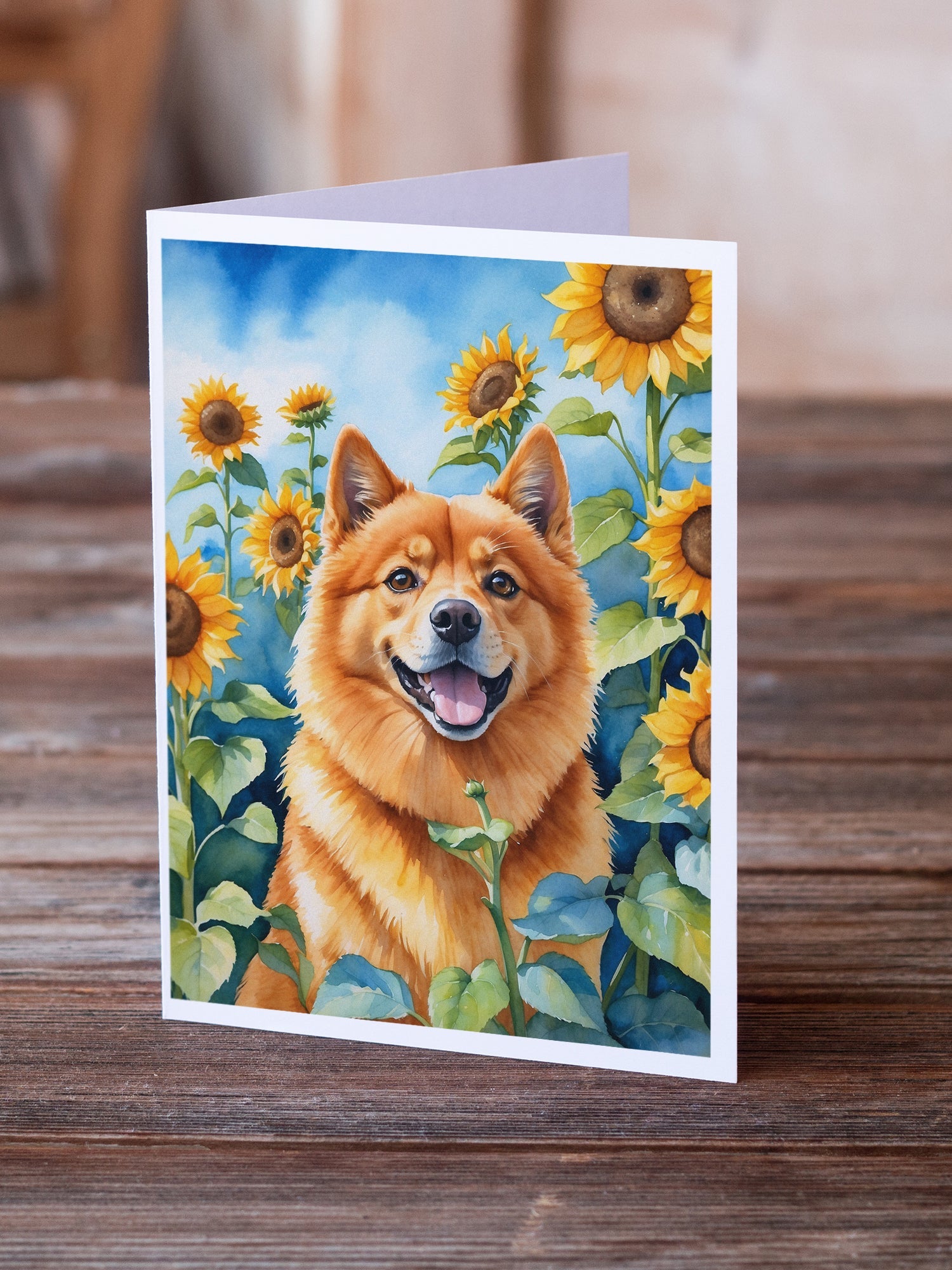 Finnish Spitz in Sunflowers Greeting Cards Pack of 8 Blank Cards with Envelopes Whimsical A7 Size 5x7