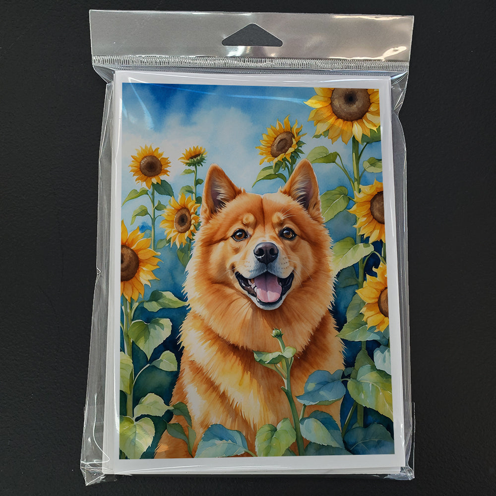 Finnish Spitz in Sunflowers Greeting Cards Pack of 8 Blank Cards with Envelopes Whimsical A7 Size 5x7