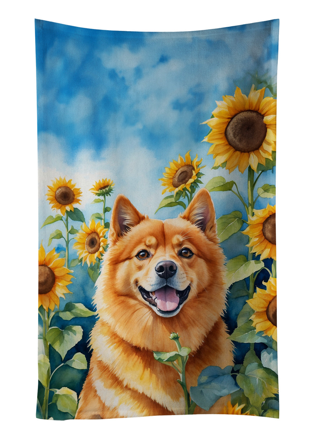 Finnish Spitz in Sunflowers Kitchen Towel Velour Plush Front and Cotton Loop Back Machine Washable
