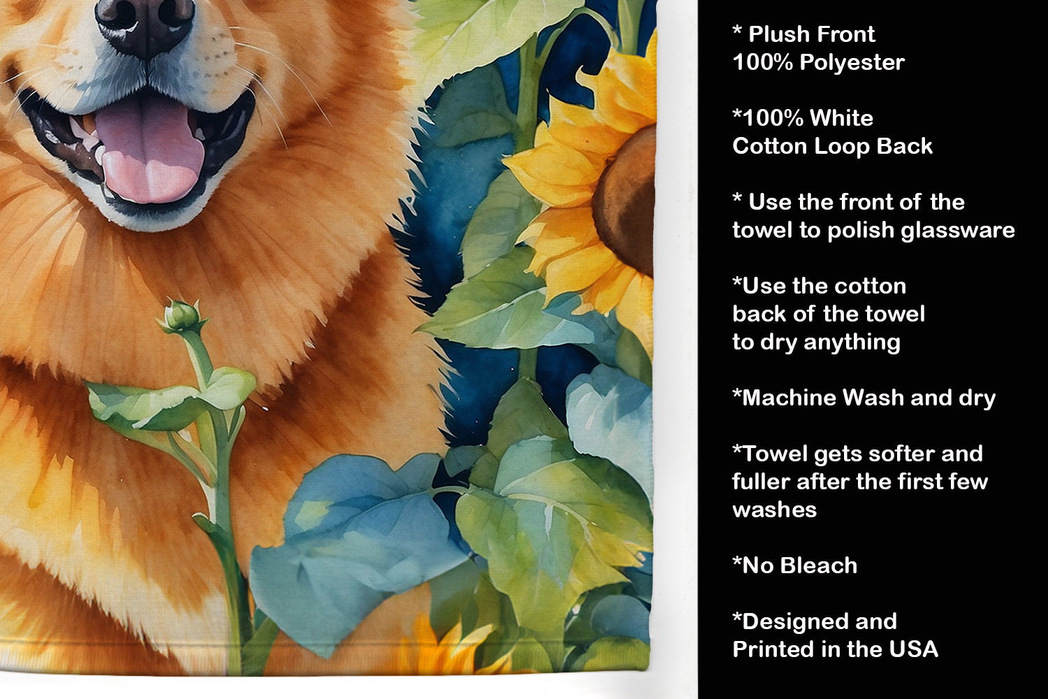 Finnish Spitz in Sunflowers Kitchen Towel Velour Plush Front and Cotton Loop Back Machine Washable