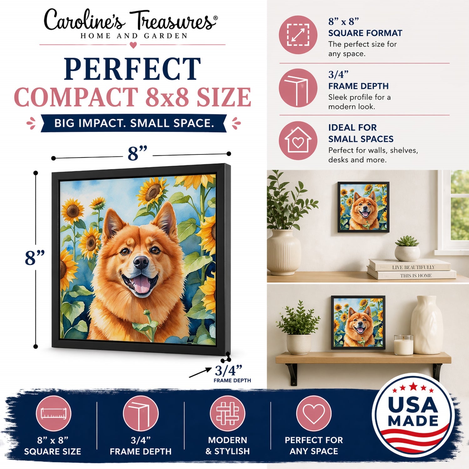 Finnish Spitz in Sunflowers Framed Metal Print Bathroom, Kitchen, Office, Home Decor Wall Art Ready to Hang, Square, 8X8