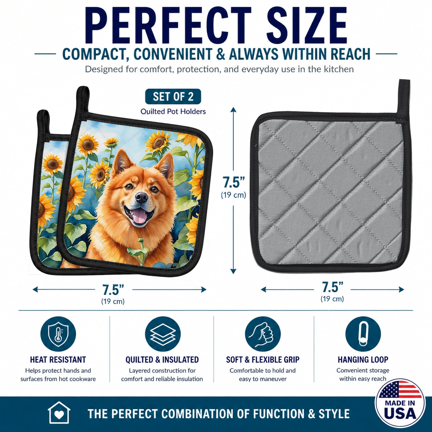 Finnish Spitz in Sunflowers Pot Holder Set of 2 Heat Resistant Quilted Hot Pads 7.5 x 7.5 Inch, Insulated Kitchen Trivets for Cooking & Baking