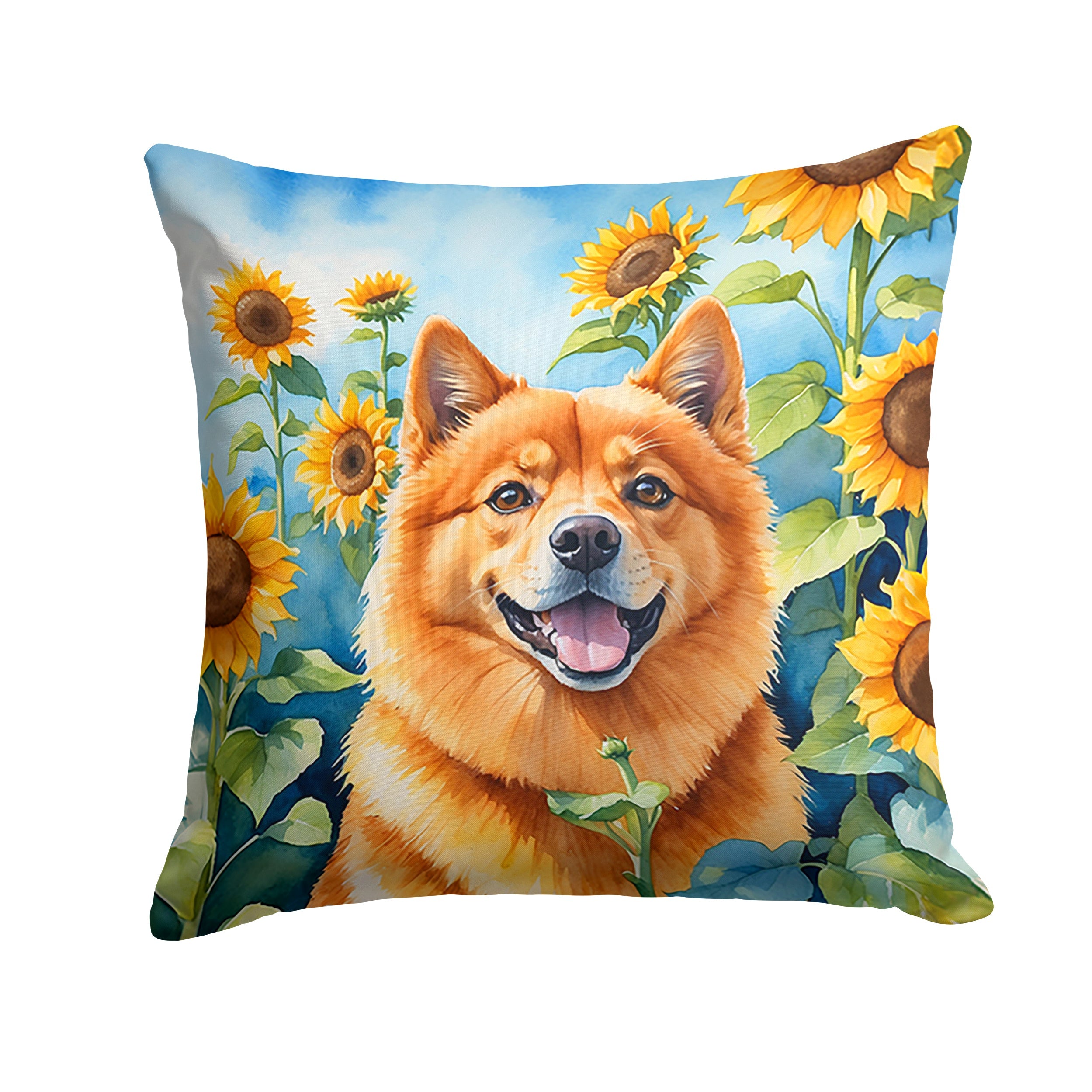 Finnish Spitz in Sunflowers Decorative Throw Pillow 14x14 Indoor Outdoor Accent Cushion, Fabric Cover with Insert for Sofa, Bed, Porch & Living Room