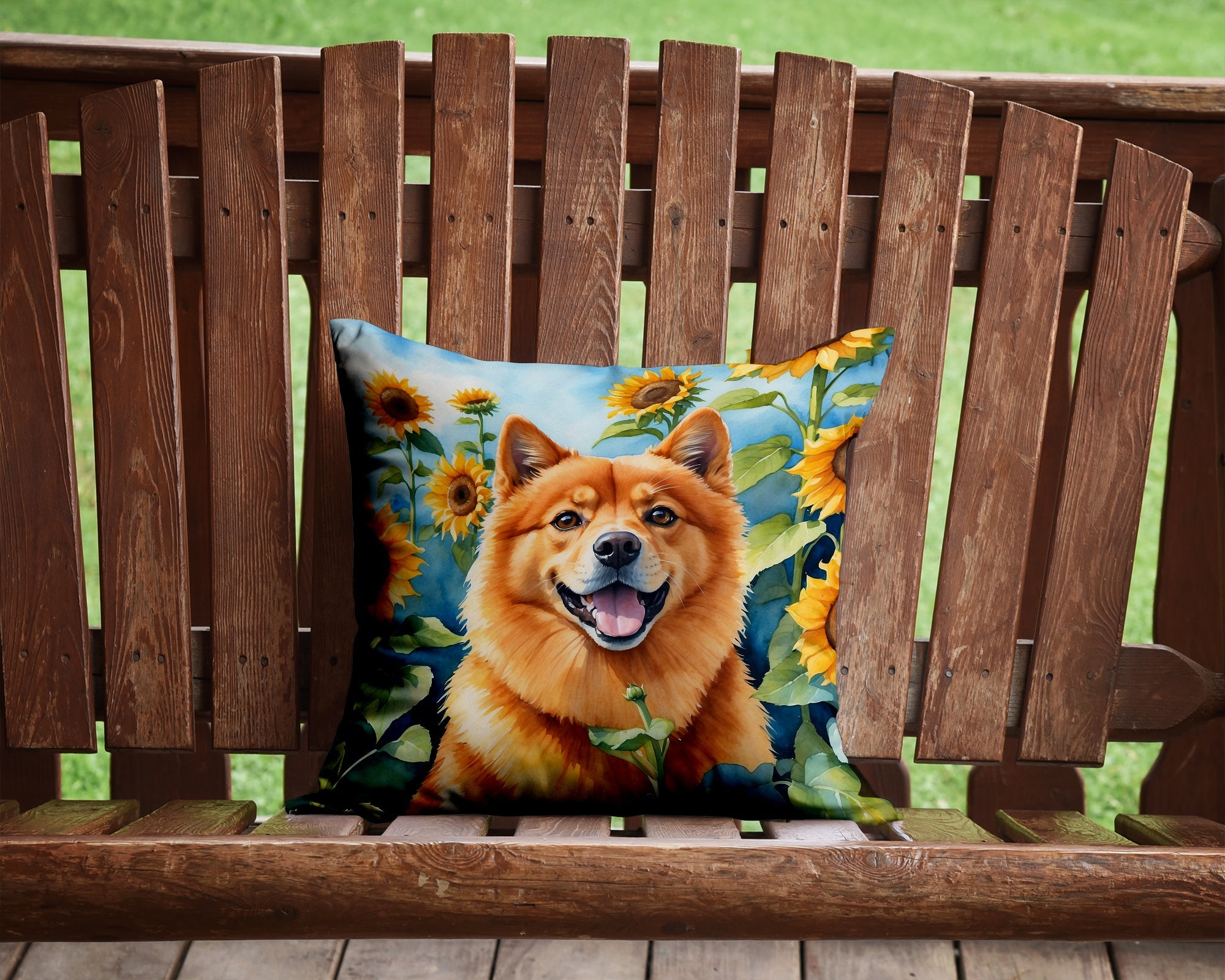 Finnish Spitz in Sunflowers Decorative Throw Pillow 14x14 Indoor Outdoor Accent Cushion, Fabric Cover with Insert for Sofa, Bed, Porch & Living Room