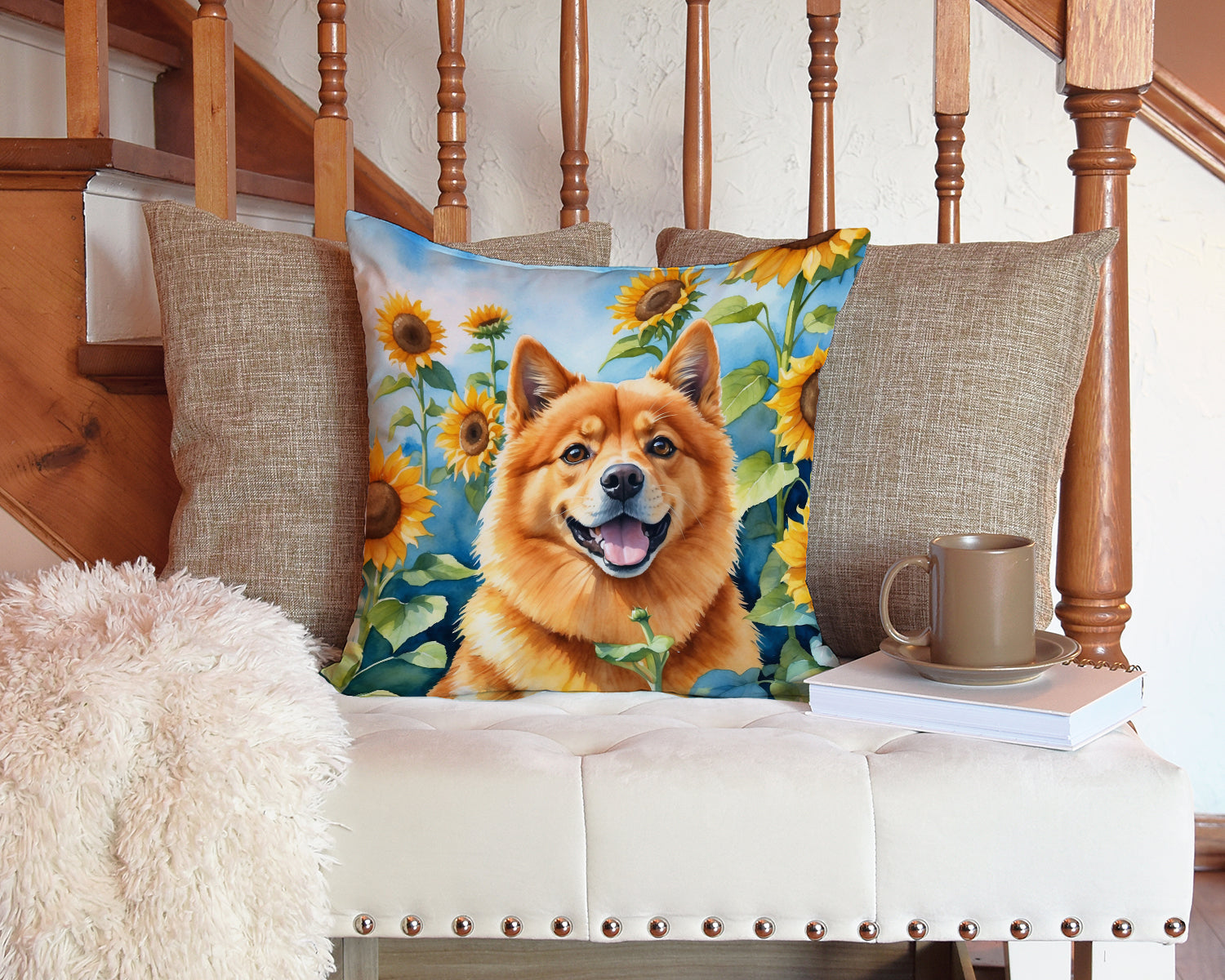 Finnish Spitz in Sunflowers Decorative Throw Pillow 14x14 Indoor Outdoor Accent Cushion, Fabric Cover with Insert for Sofa, Bed, Porch & Living Room