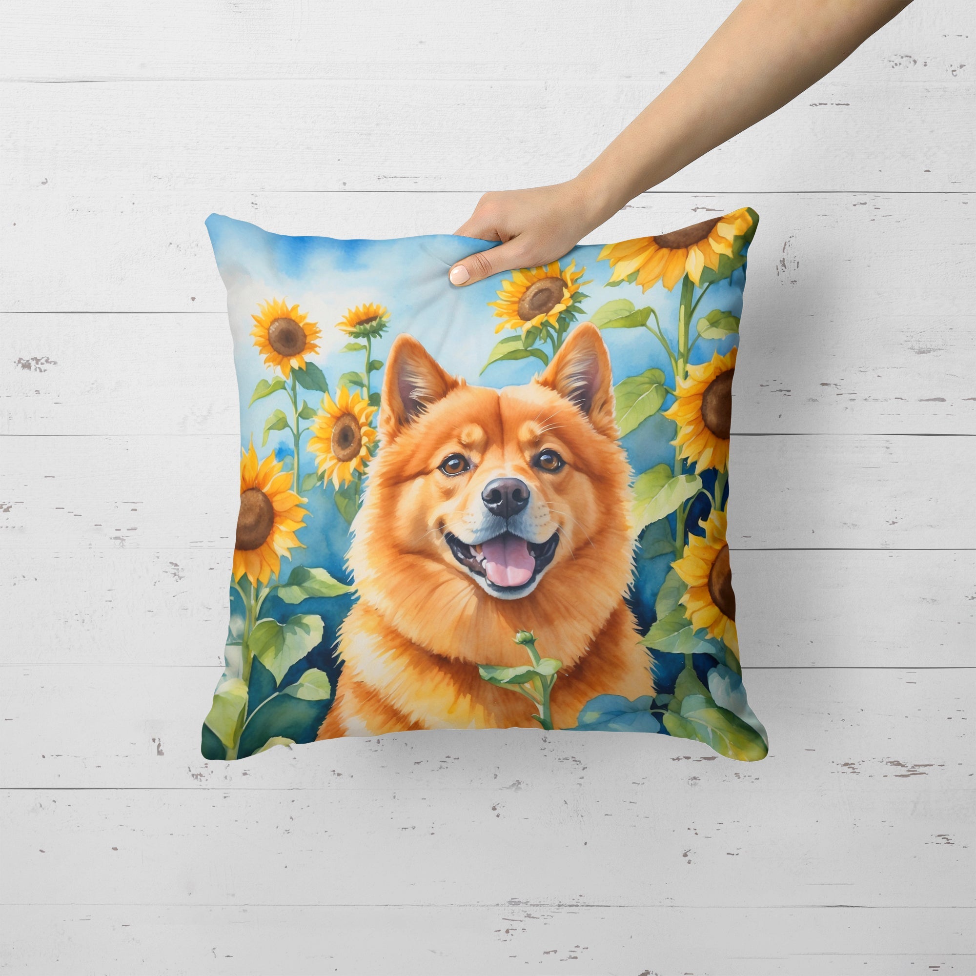 Finnish Spitz in Sunflowers Decorative Throw Pillow 18x18 Indoor Outdoor Accent Cushion, Fabric Cover with Insert for Sofa, Bed, Porch & Living Room