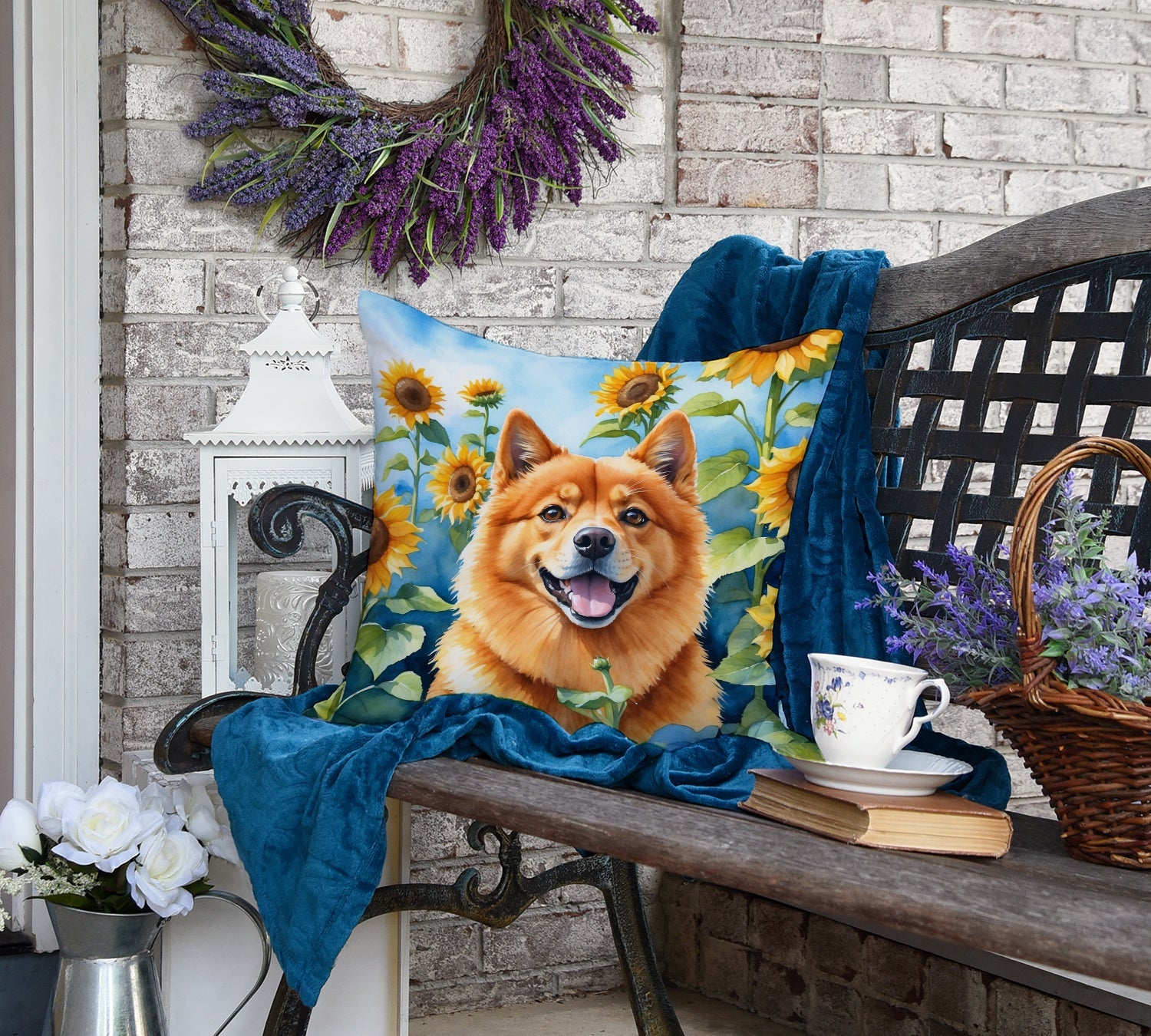 Finnish Spitz in Sunflowers Decorative Throw Pillow 18x18 Indoor Outdoor Accent Cushion, Fabric Cover with Insert for Sofa, Bed, Porch & Living Room