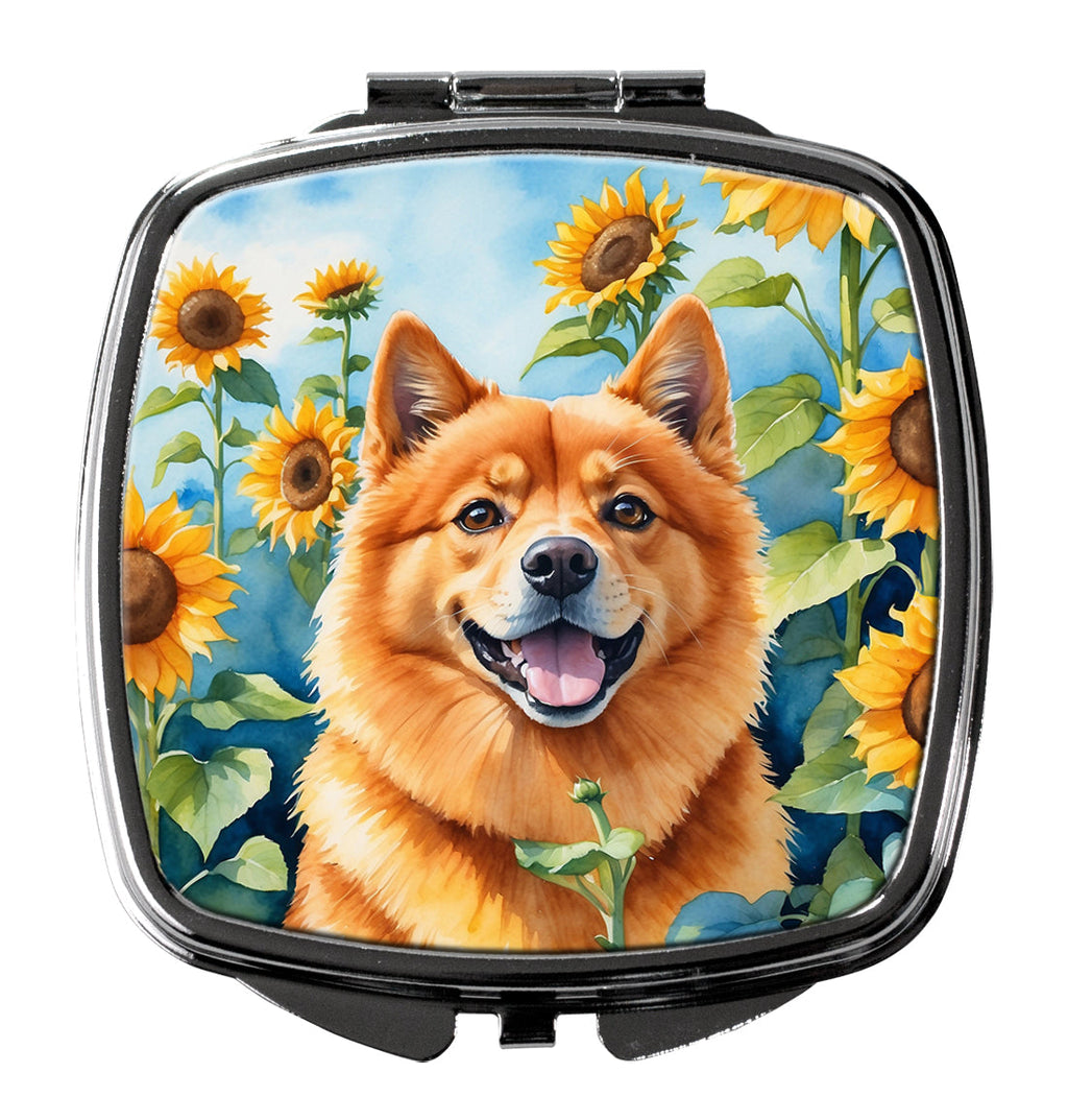 Finnish Spitz in Sunflowers Compact Mirror Decorative Travel Makeup Mirror for Women Girls Gifts Pocket Makeup Mirror Folding Handheld