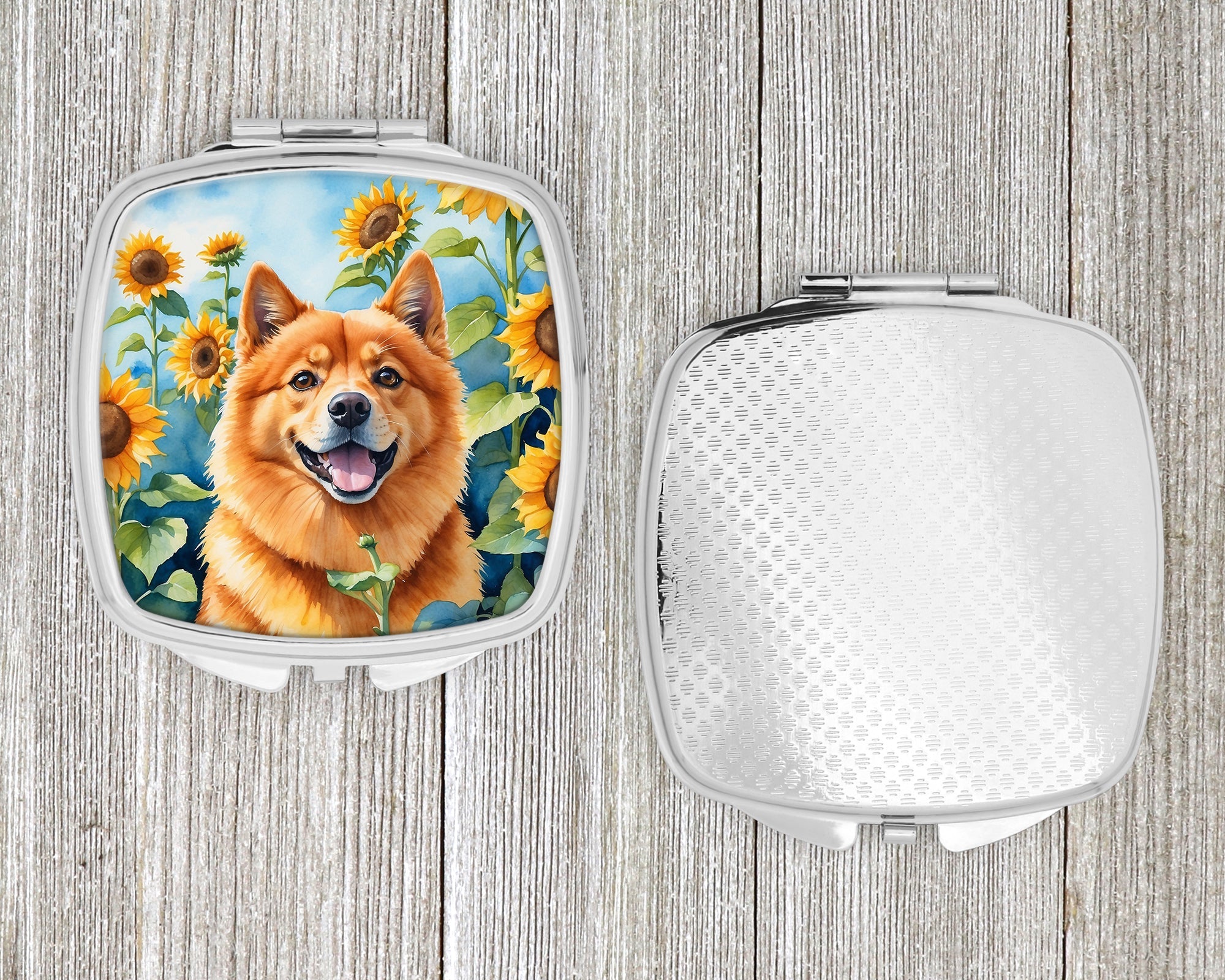 Finnish Spitz in Sunflowers Compact Mirror Decorative Travel Makeup Mirror for Women Girls Gifts Pocket Makeup Mirror Folding Handheld