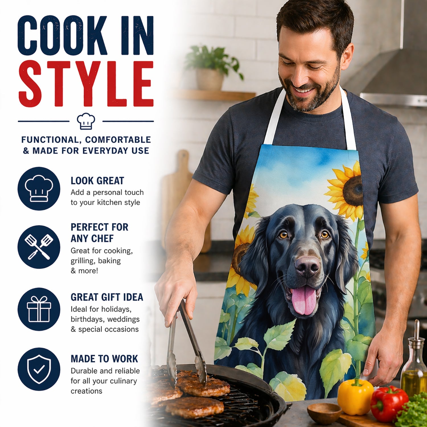 Flat-Coated Retriever in Sunflowers Apron Cooking Kitchen Server Baking Crafts Gardening for Adult Women Men, Unisex, Large, Multicolor