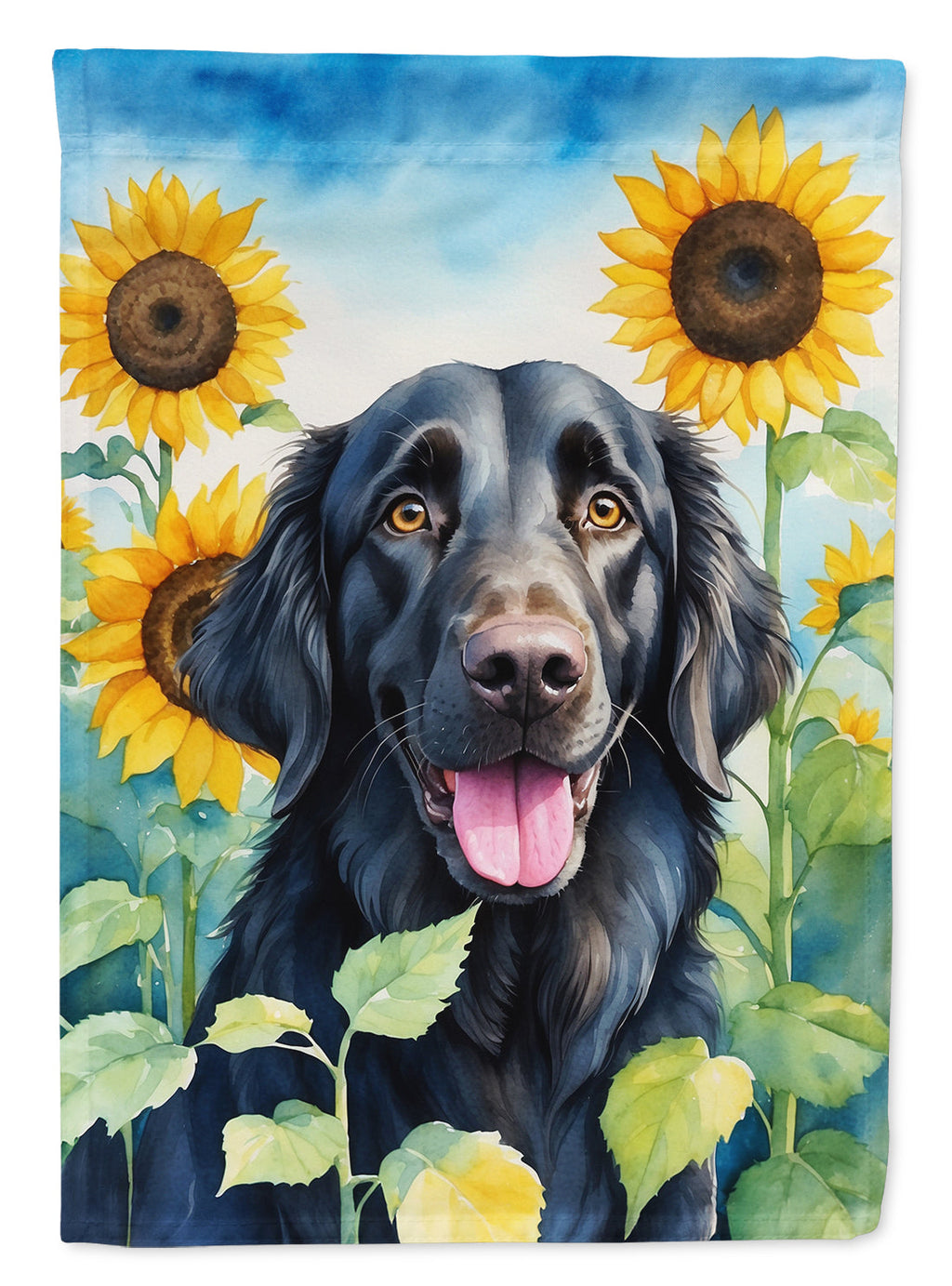 Flat-Coated Retriever in Sunflowers House Flag 28x40 Porch Sleeve Pole Decorative Outside Yard Banner Artwork Wall Hanging, Polyester