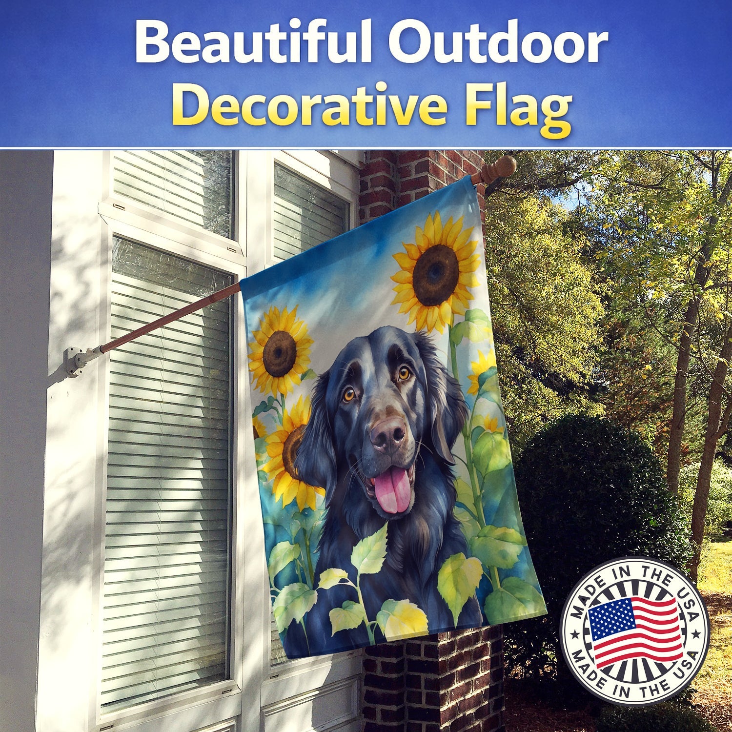 Flat-Coated Retriever in Sunflowers House Flag 28x40 Porch Sleeve Pole Decorative Outside Yard Banner Artwork Wall Hanging, Polyester