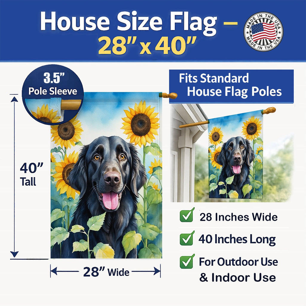 Flat-Coated Retriever in Sunflowers House Flag 28x40 Porch Sleeve Pole Decorative Outside Yard Banner Artwork Wall Hanging, Polyester