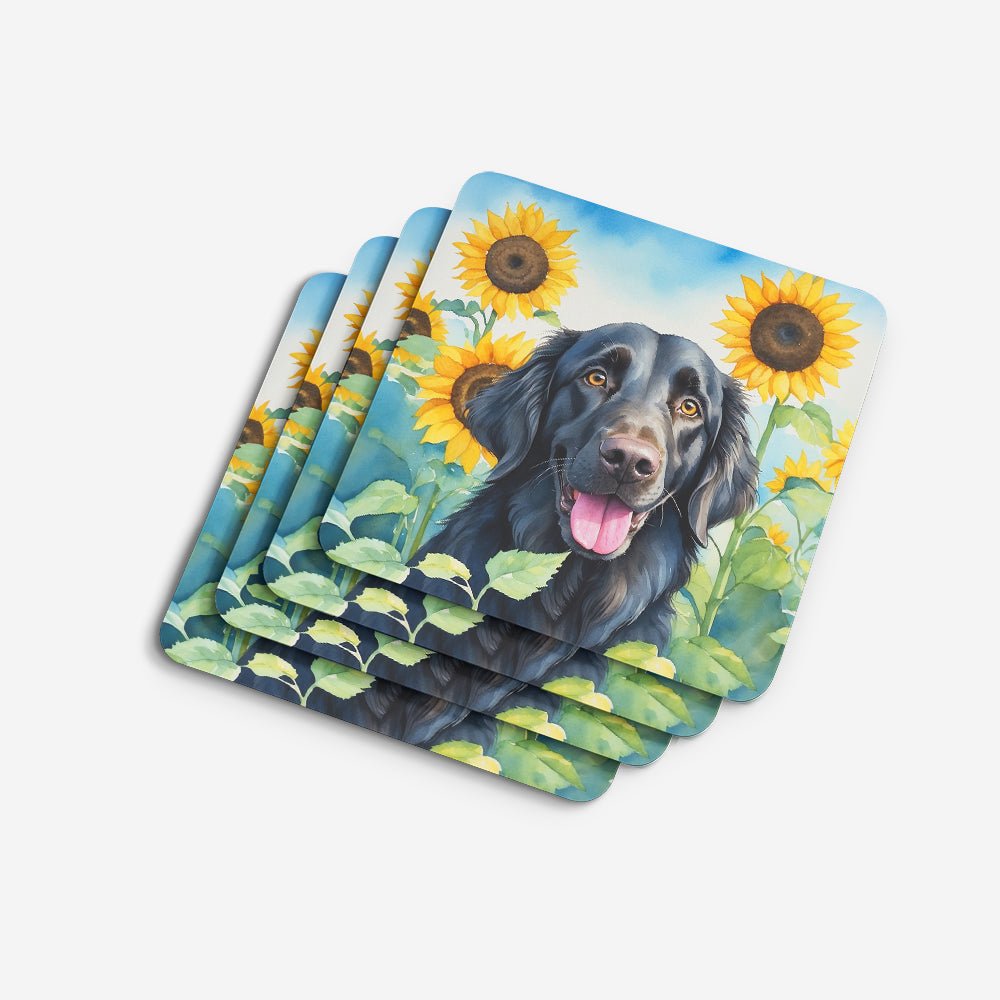 Flat-Coated Retriever in Sunflowers Foam Coasters Set of 4 Cup Coasters for Indoor Outdoor, Tabletop Protection, Anti Slip, Mouse pad Material
