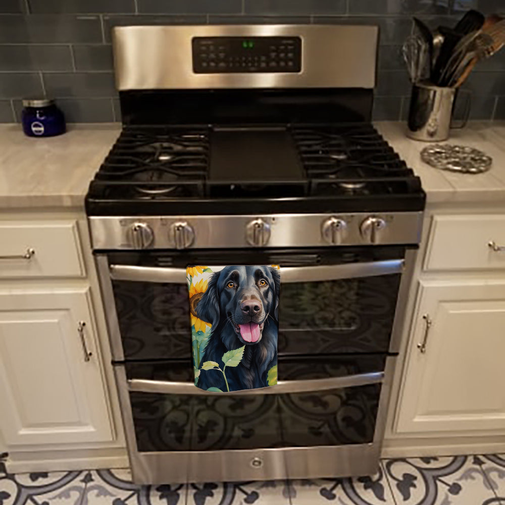Flat-Coated Retriever in Sunflowers Kitchen Towel Velour Plush Front and Cotton Loop Back Machine Washable