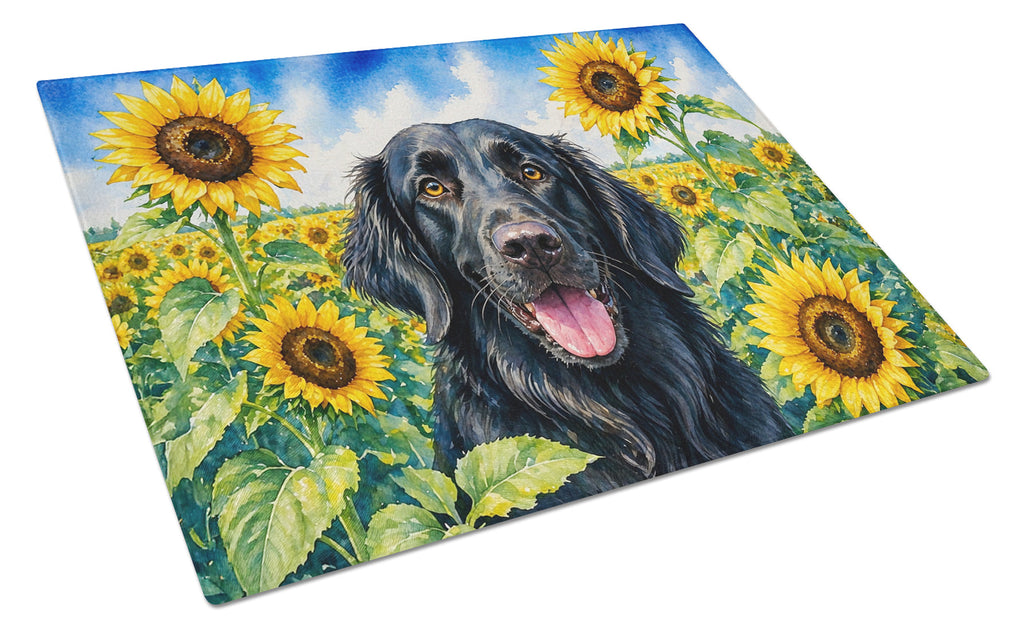 Flat-Coated Retriever in Sunflowers Cutting Board Tempered Glass Kitchen Cutting Surface, Heat Resistant Chopping Board with Non-Slip Feet, Decorative Food Prep & Serving