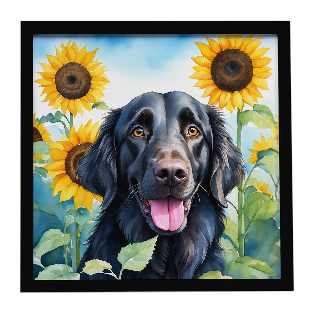 Flat-Coated Retriever in Sunflowers Framed Metal Print Bathroom, Kitchen, Office, Home Decor Wall Art Ready to Hang, Square, 8X8