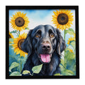 Flat-Coated Retriever in Sunflowers Framed Metal Print Bathroom, Kitchen, Office, Home Decor Wall Art Ready to Hang, Square, 8X8