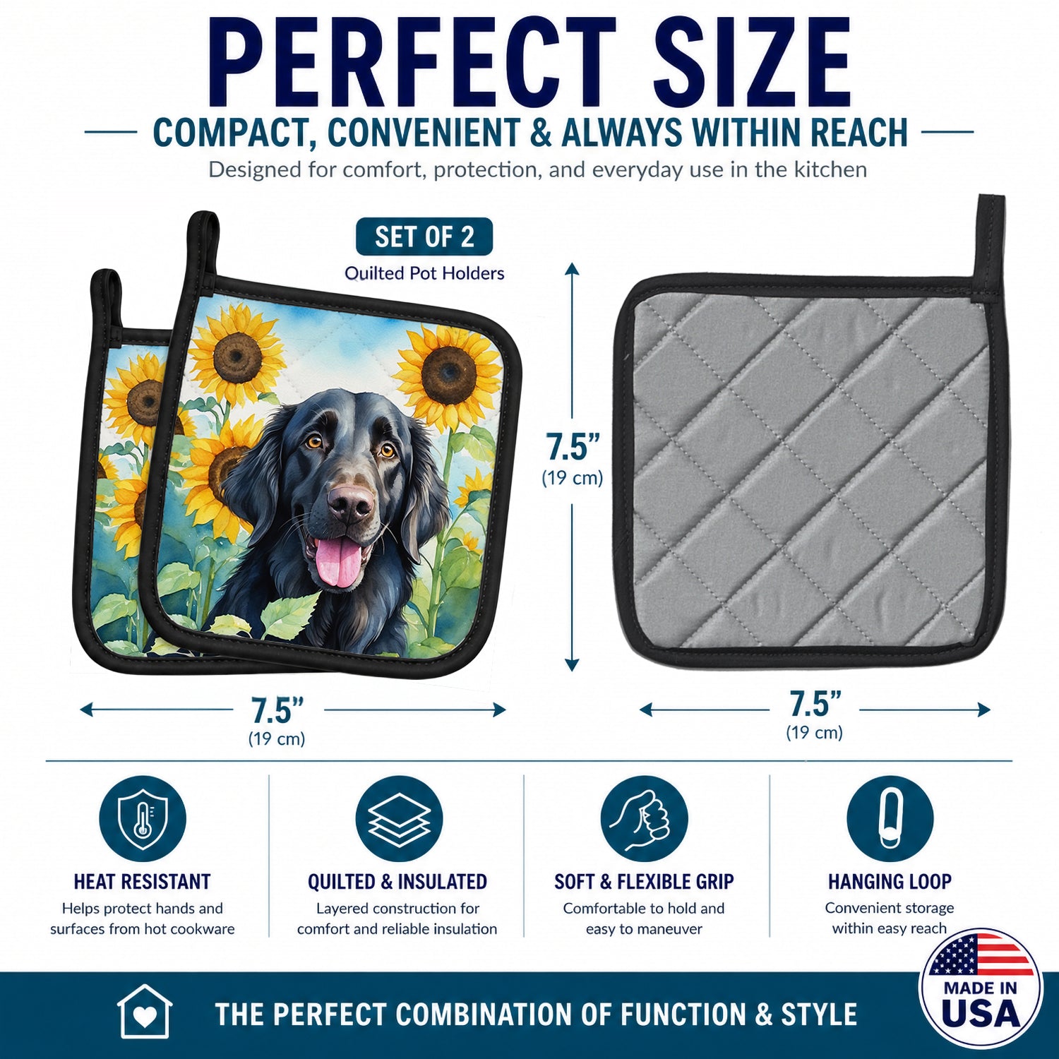 Flat-Coated Retriever in Sunflowers Pot Holder Set of 2 Heat Resistant Quilted Hot Pads 7.5 x 7.5 Inch, Insulated Kitchen Trivets for Cooking & Baking