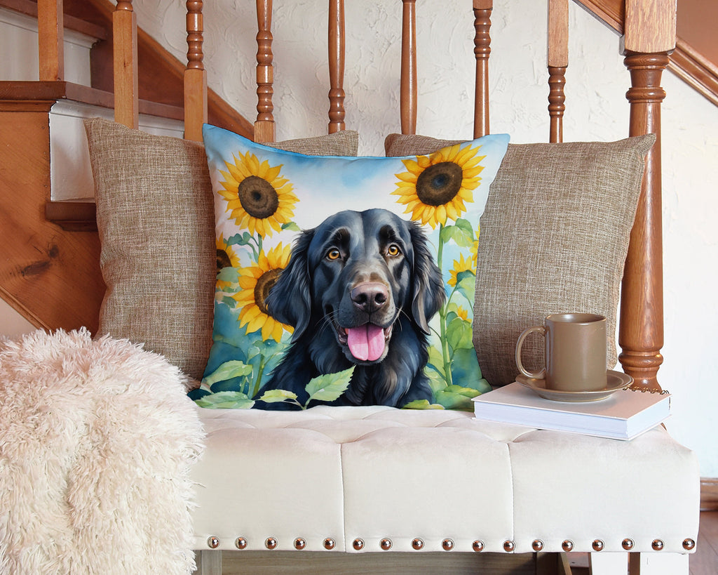 Flat-Coated Retriever in Sunflowers Decorative Throw Pillow 14x14 Indoor Outdoor Accent Cushion, Fabric Cover with Insert for Sofa, Bed, Porch & Living Room