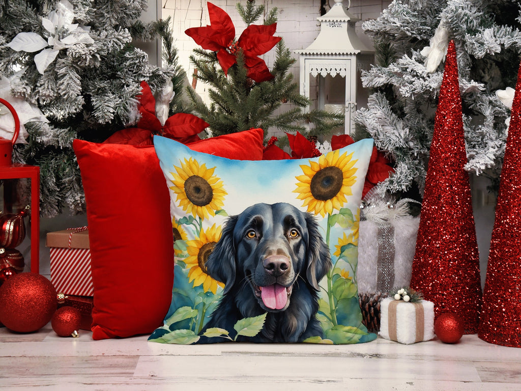 Flat-Coated Retriever in Sunflowers Decorative Throw Pillow 14x14 Indoor Outdoor Accent Cushion, Fabric Cover with Insert for Sofa, Bed, Porch & Living Room