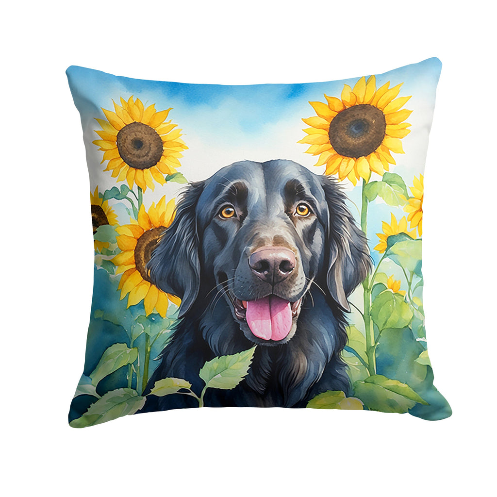 Flat-Coated Retriever in Sunflowers Decorative Throw Pillow 18x18 Indoor Outdoor Accent Cushion, Fabric Cover with Insert for Sofa, Bed, Porch & Living Room
