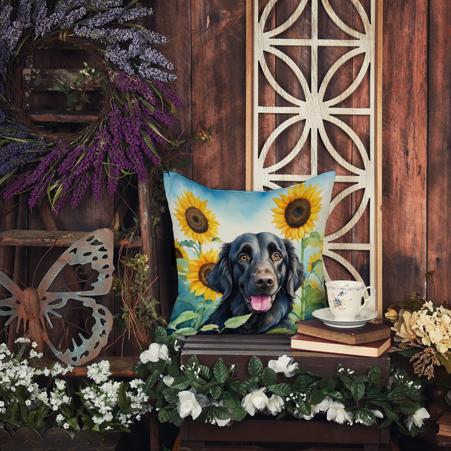 Flat-Coated Retriever in Sunflowers Decorative Throw Pillow 18x18 Indoor Outdoor Accent Cushion, Fabric Cover with Insert for Sofa, Bed, Porch & Living Room