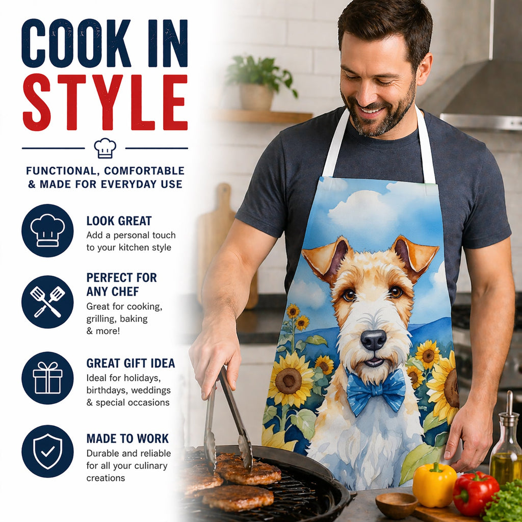 Fox Terrier in Sunflowers Apron Cooking Kitchen Server Baking Crafts Gardening for Adult Women Men, Unisex, Large, Multicolor