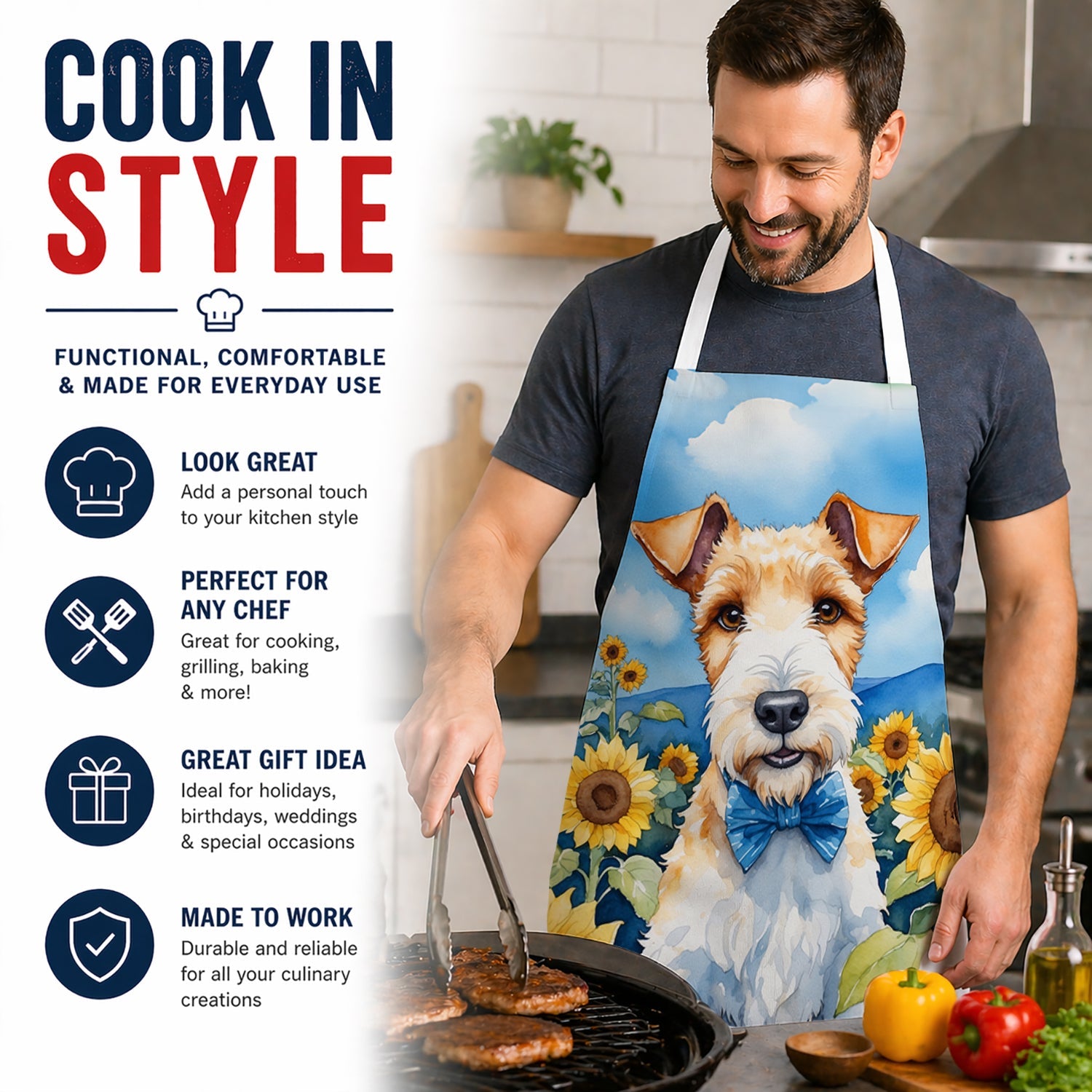 Fox Terrier in Sunflowers Apron Cooking Kitchen Server Baking Crafts Gardening for Adult Women Men, Unisex, Large, Multicolor