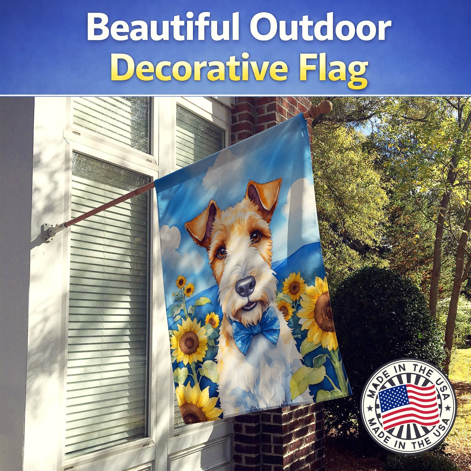 Fox Terrier in Sunflowers House Flag 28x40 Porch Sleeve Pole Decorative Outside Yard Banner Artwork Wall Hanging, Polyester