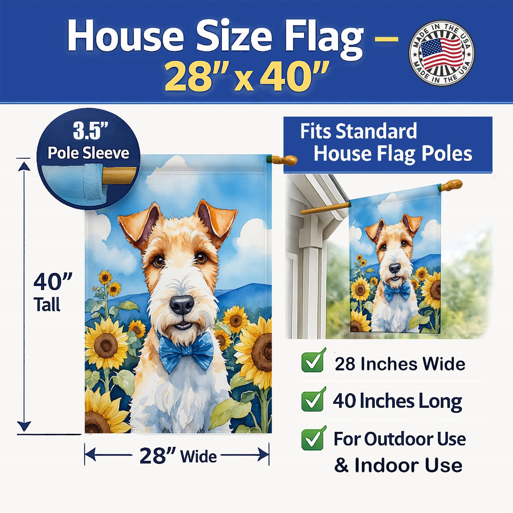 Fox Terrier in Sunflowers House Flag 28x40 Porch Sleeve Pole Decorative Outside Yard Banner Artwork Wall Hanging, Polyester