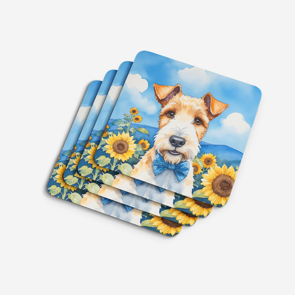 Fox Terrier in Sunflowers Foam Coasters Set of 4 Cup Coasters for Indoor Outdoor, Tabletop Protection, Anti Slip, Mouse pad Material