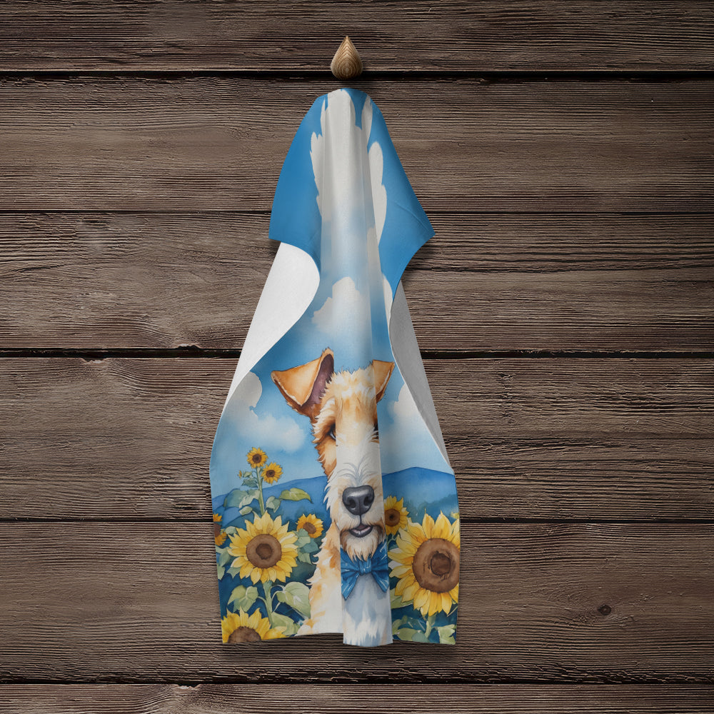 Fox Terrier in Sunflowers Kitchen Towel Velour Plush Front and Cotton Loop Back Machine Washable