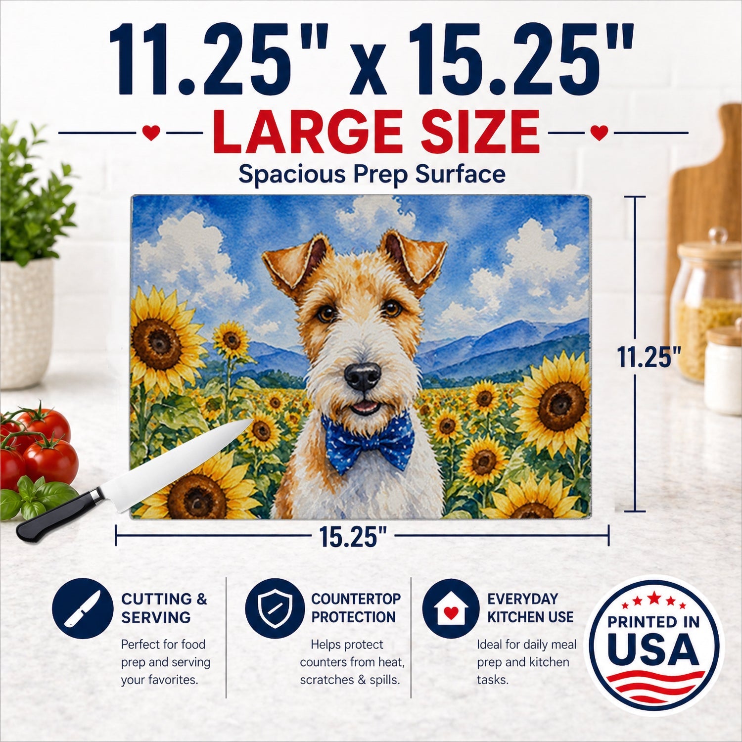 Fox Terrier in Sunflowers Cutting Board Tempered Glass Kitchen Cutting Surface, Heat Resistant Chopping Board with Non-Slip Feet, Decorative Food Prep & Serving