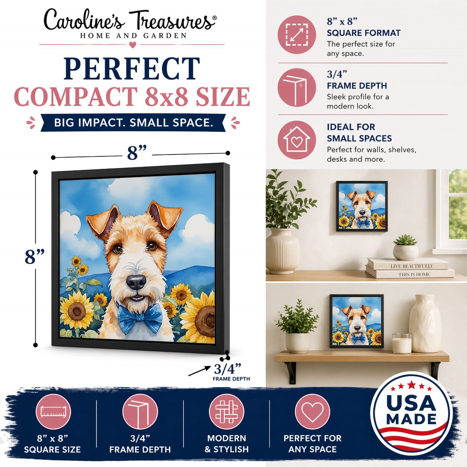 Fox Terrier in Sunflowers Framed Metal Print Bathroom, Kitchen, Office, Home Decor Wall Art Ready to Hang, Square, 8X8